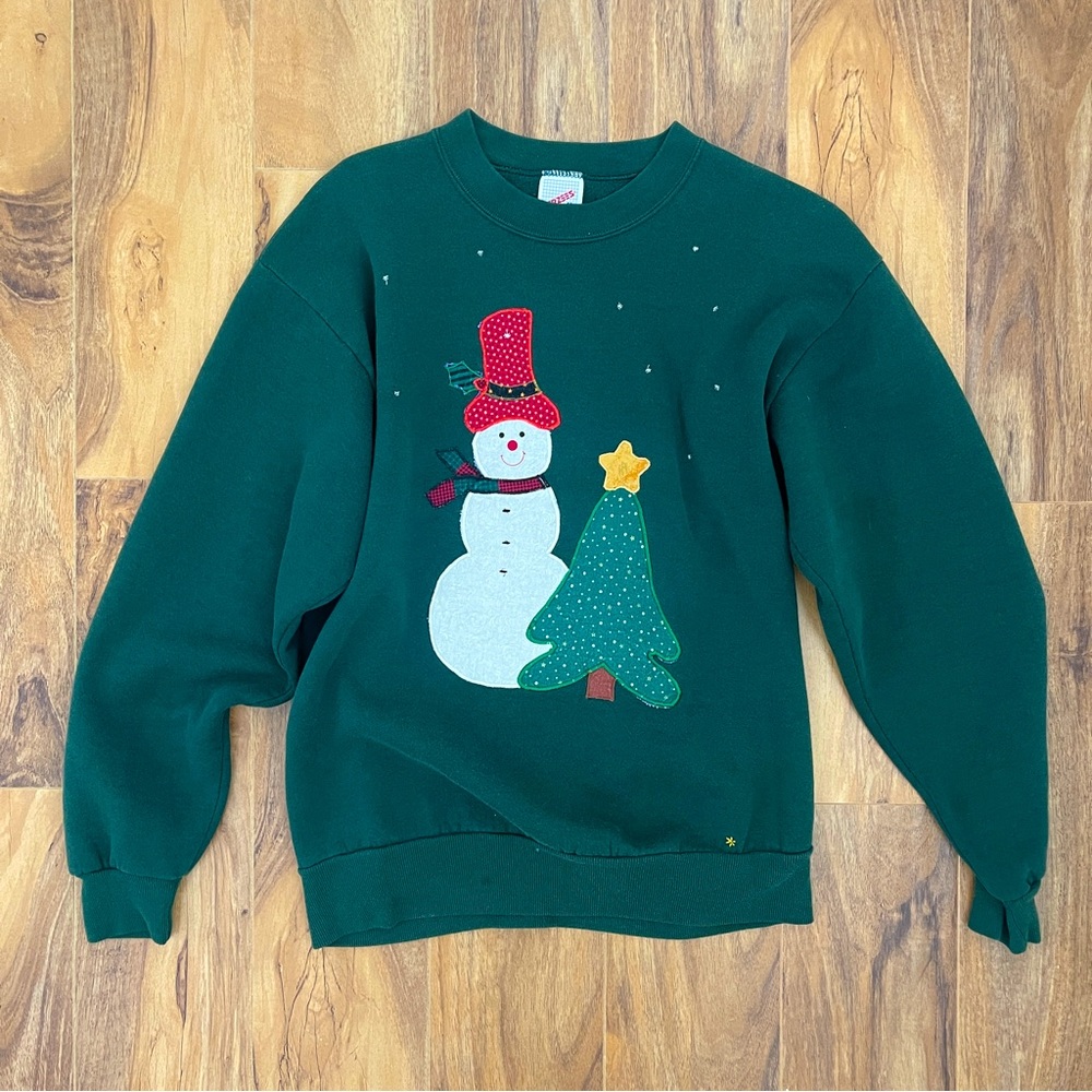 VINTAGE JERZEES Snowman Appliqué Embroidered Christmas Sweatshirt/ Green/Size M